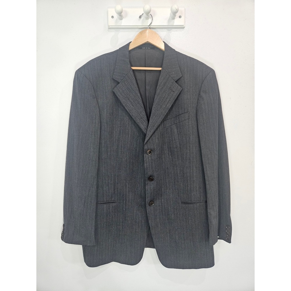 Armani Collezioni Mens 44L Blazer Charcoal Grey Herringbone Pinstripe Italy